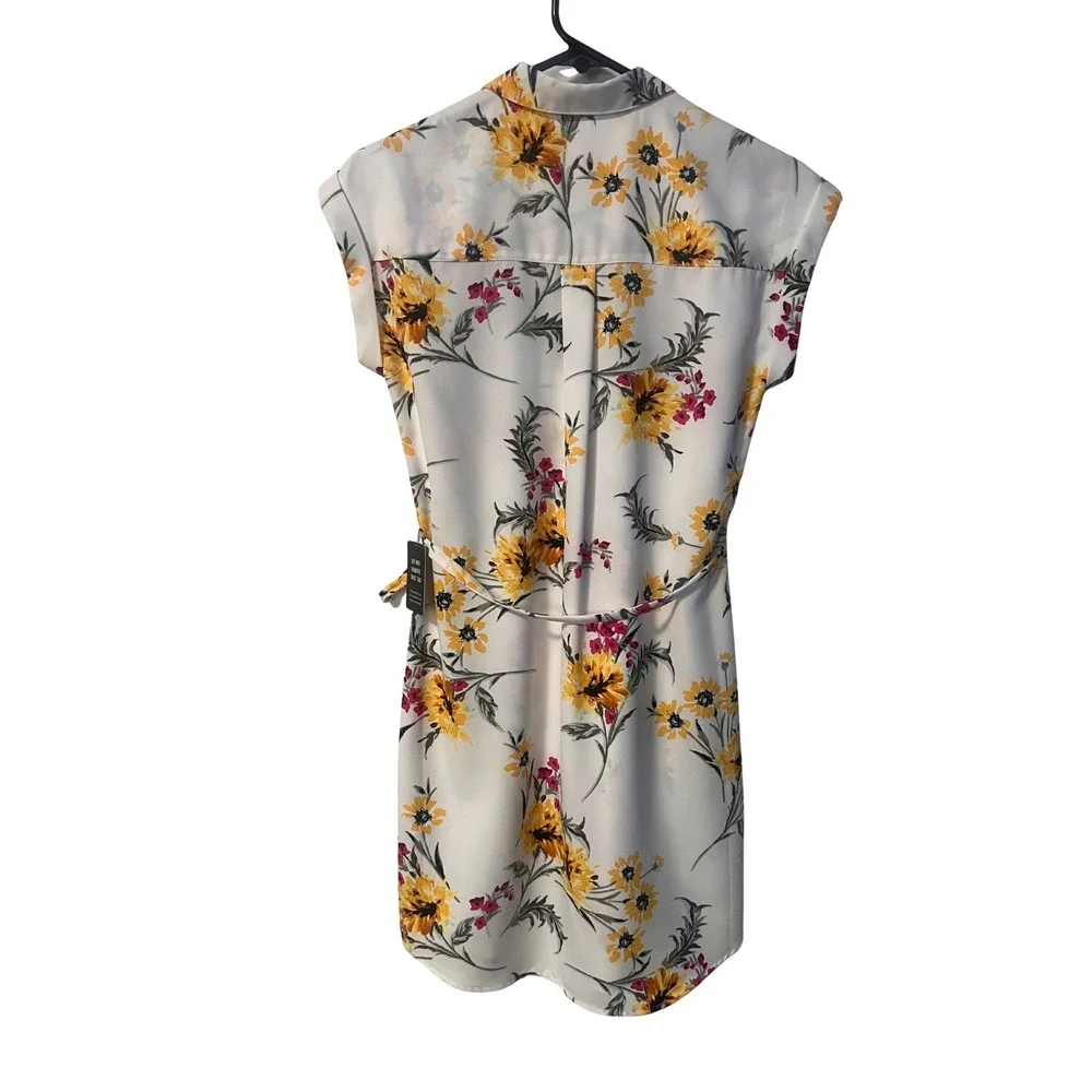 Express Floral Print Shirt Dress‎ Womens Short Sleeve Belted Casual White - Picture 2 of 5
